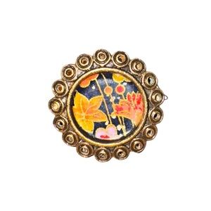 Retro , Modern Woodstock, Golden Brass Set Floral Enamel Ring
